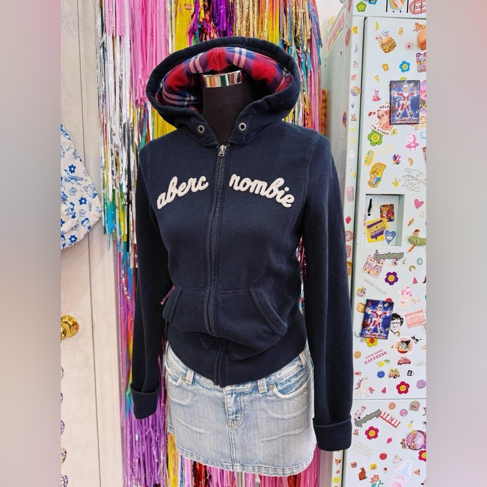 Y2K 2000s Abercrombie zip up hoodies with plaid lining in hood .